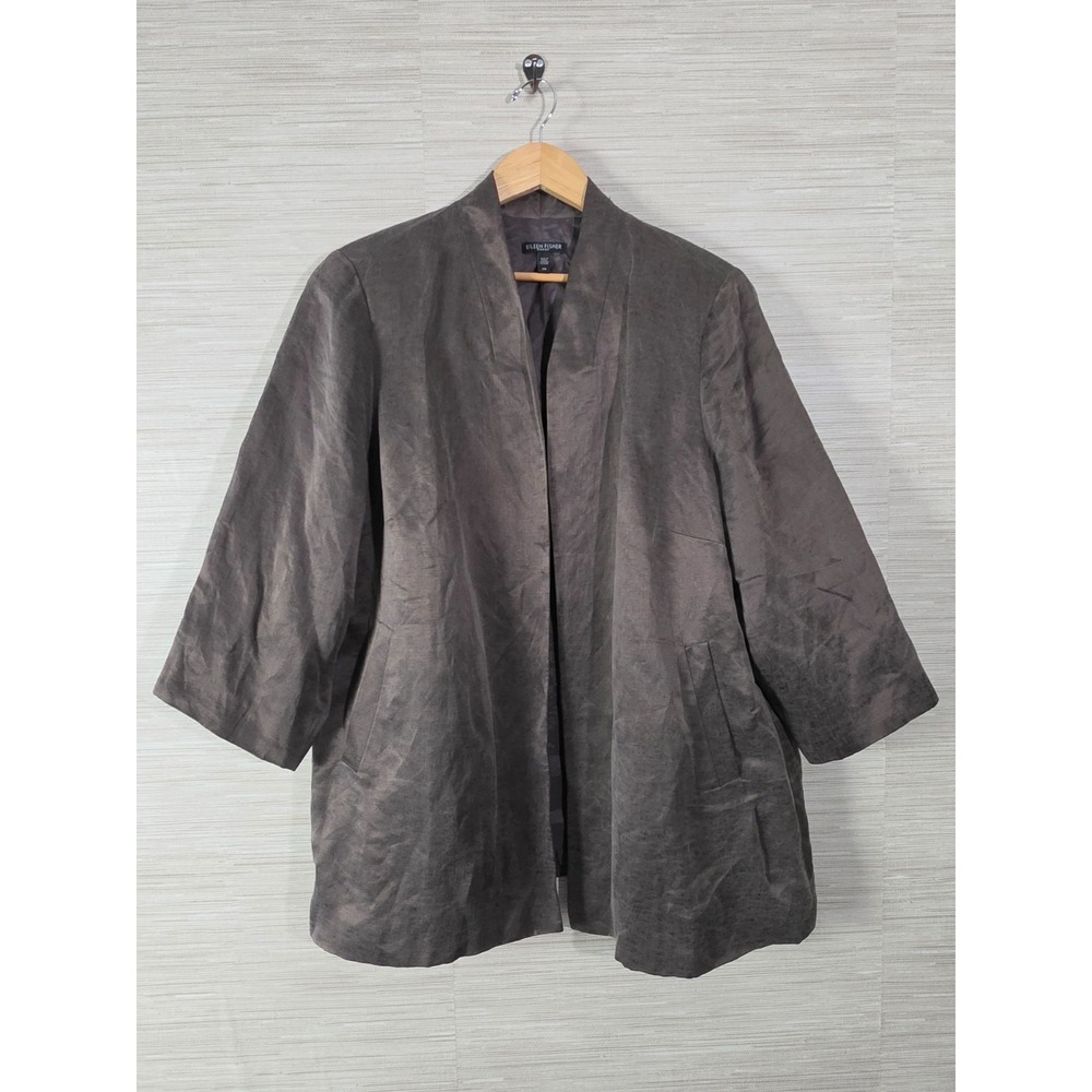 Eileen Fisher Kimono Jacket Womens 2X Brown Linen Silk Blend Lined Open Front